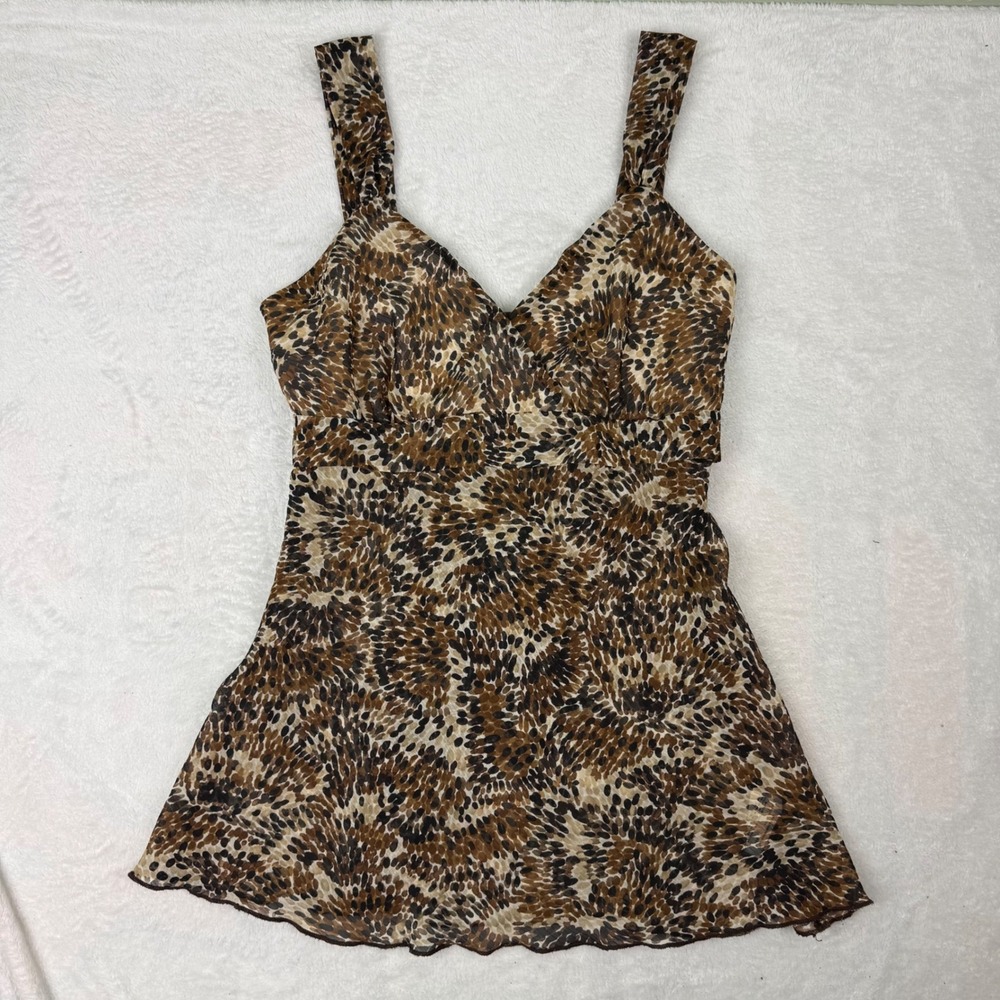 IZ Byer California Animal Print Babydoll Cami Top Brown Y2K Sheer Tie Back Large